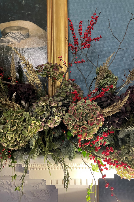 robyns nest floral design display fireplace hydrangeas